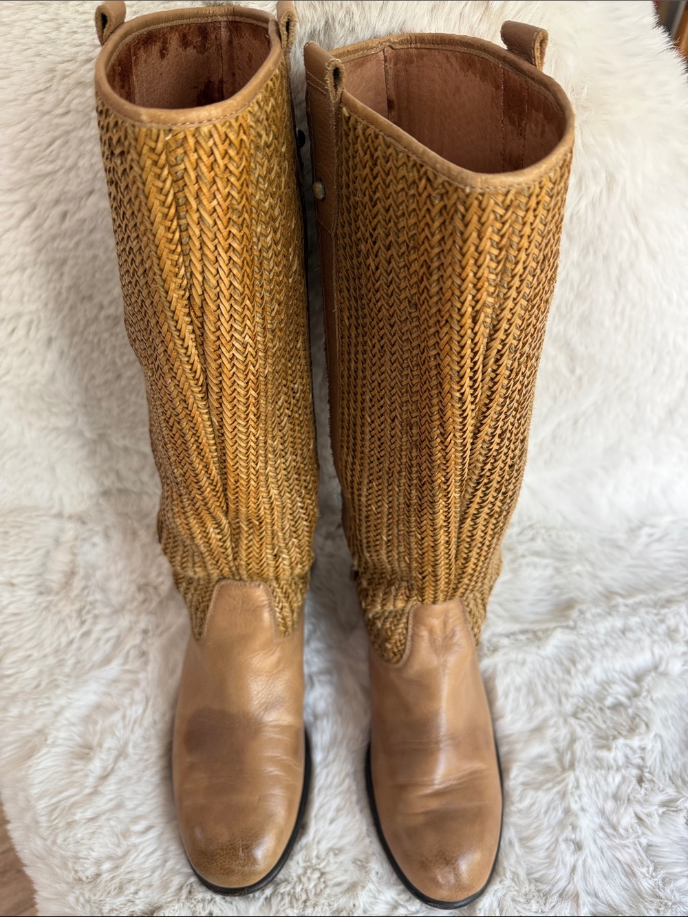 Anthropologie Woven Shaft Leather-Trim Tall Boots in Tan